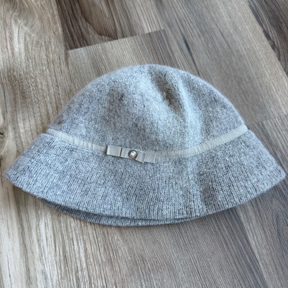 Y2K GAP‎ Gray Wool Rabbit Hair Blend Cloche Bucket Hat Preppy Bow Rhinestone SM